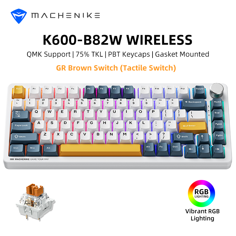 Klawiatura mechaniczna Machenike K600-B82W, trójtrybowa, mocowana na uszczelkę, układ 75% ANSI, podświetlenie RGB, bezprzewodowa klawiatura do gier.