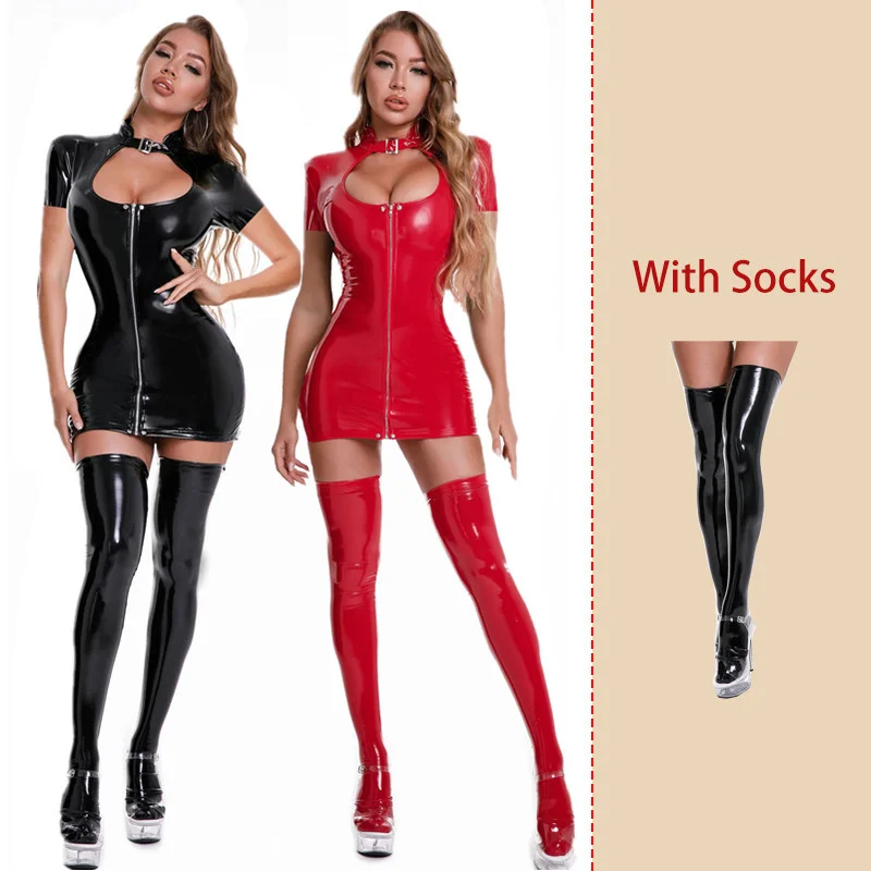 Phụ Nữ Da PVC Ôm Body Dây Kéo Trước Đáy Quần Áo Ướt Nhìn Cao Su Catsuit Gợi Cảm Gợi Tình Clubwear Nữ Tay Ngắn Cực Vũ Trang Phục