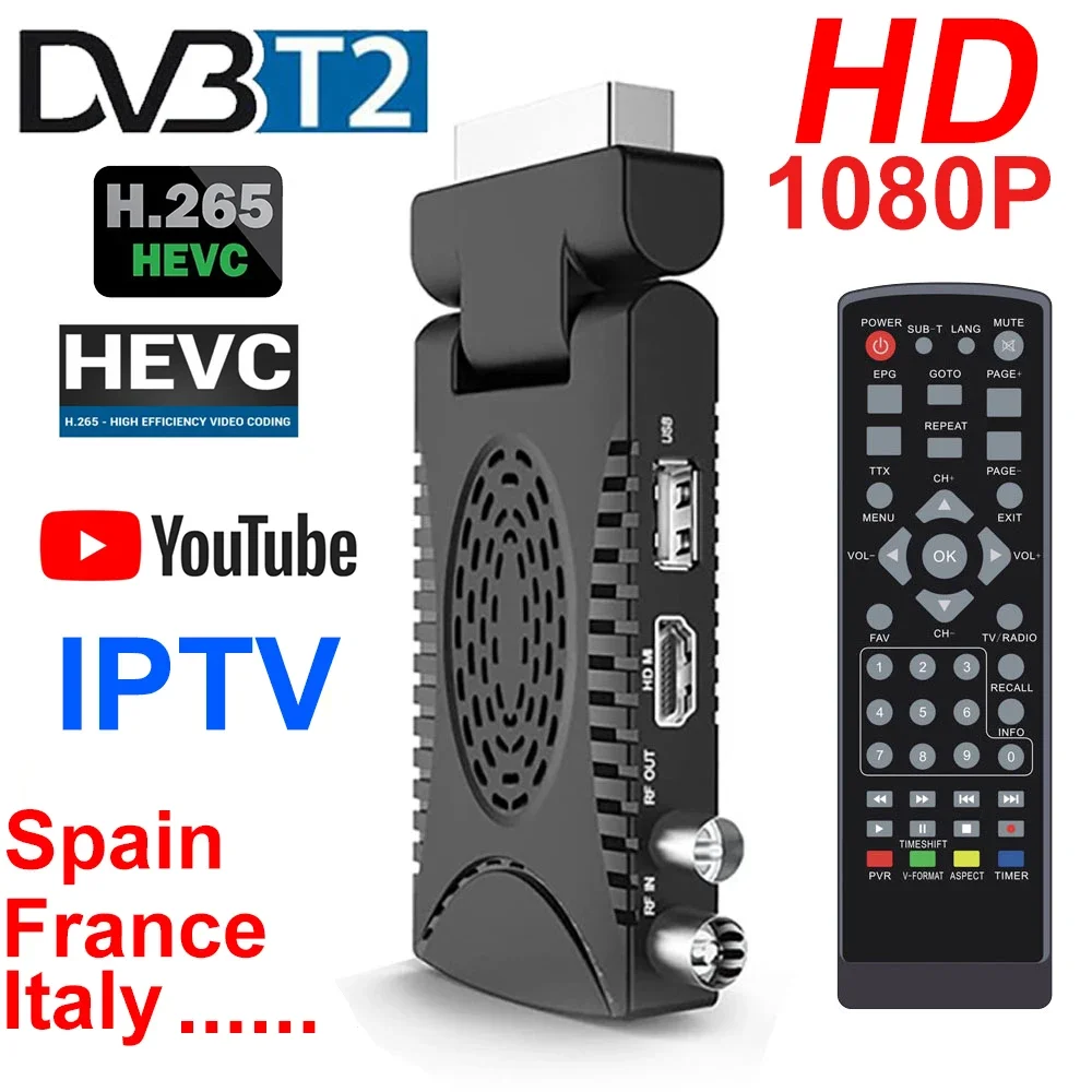 España DVB T2 H.265 1080 HD TDT Europa Receptor de TV terrestre Decodificador HEVC EPG Set Top Box Scart para Italia Francia, etc. YouTube