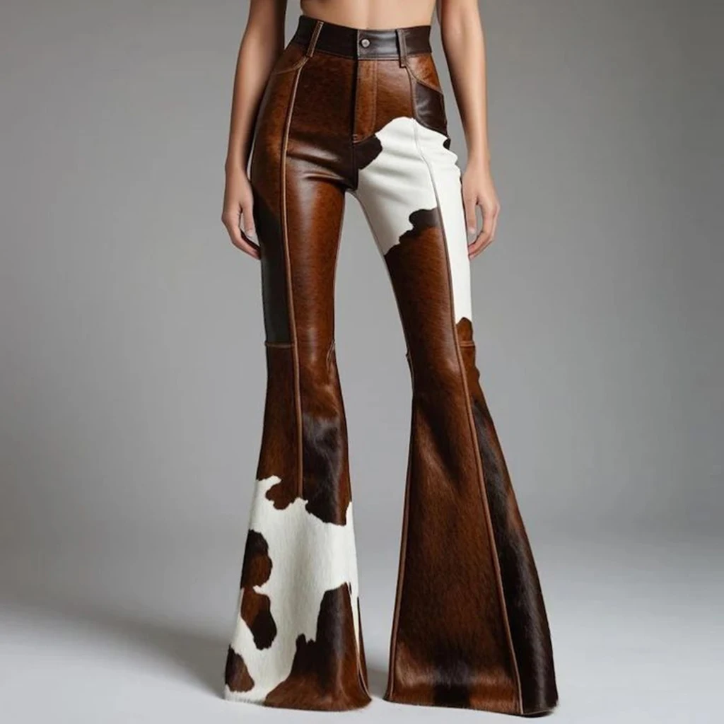 Celana Kulit PU Motif Sapi Wanita Model Flare Pinggang Tinggi Slim Celana Kulit Imitasi High Street Fashion Kasual Capris 2025