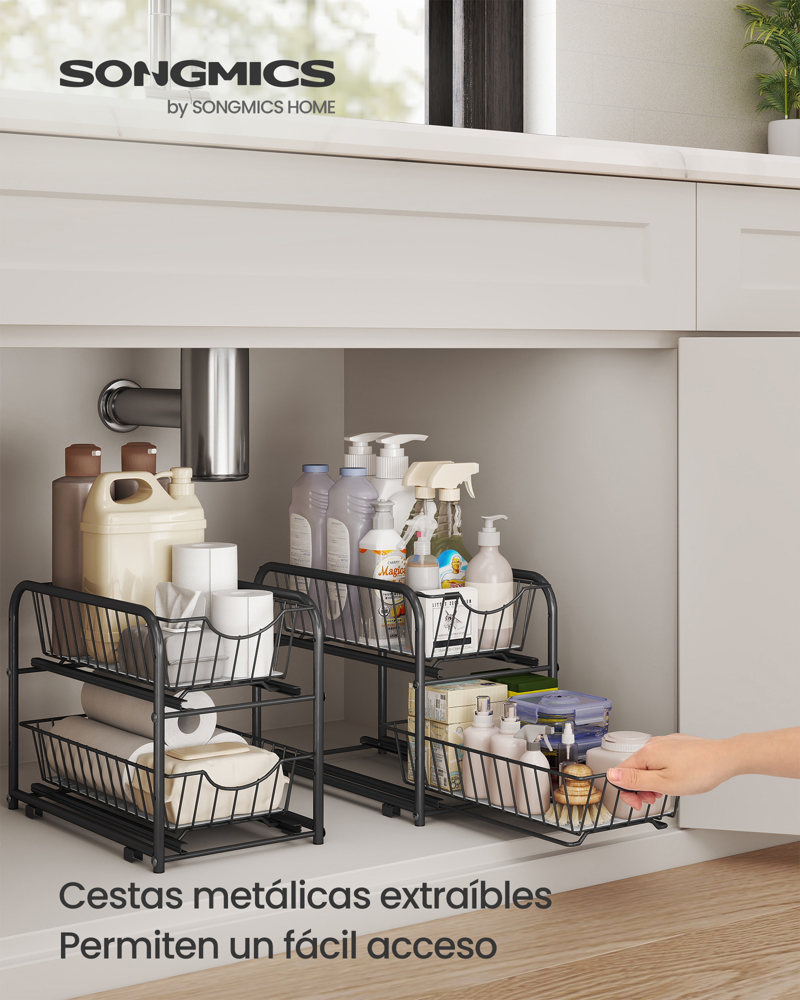 SONGMICS Organizador de cocina, Estantería de 2 Niveles Extraíbles para Armario, Organizador Apilable bajo el Fregadero con Cajones, para Cocina, Baño, Negro Clásico/Negro Tinta