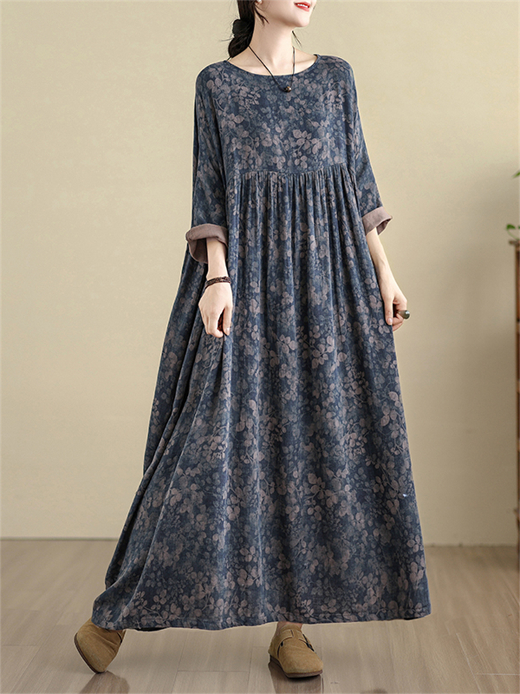 Bawełniane sukienki z długim rękawem i kwiatowym nadrukiem w stylu vintage dla kobiet Nowa całoroczna luźna długa sukienka Femme Vestidos Elegancka odzież