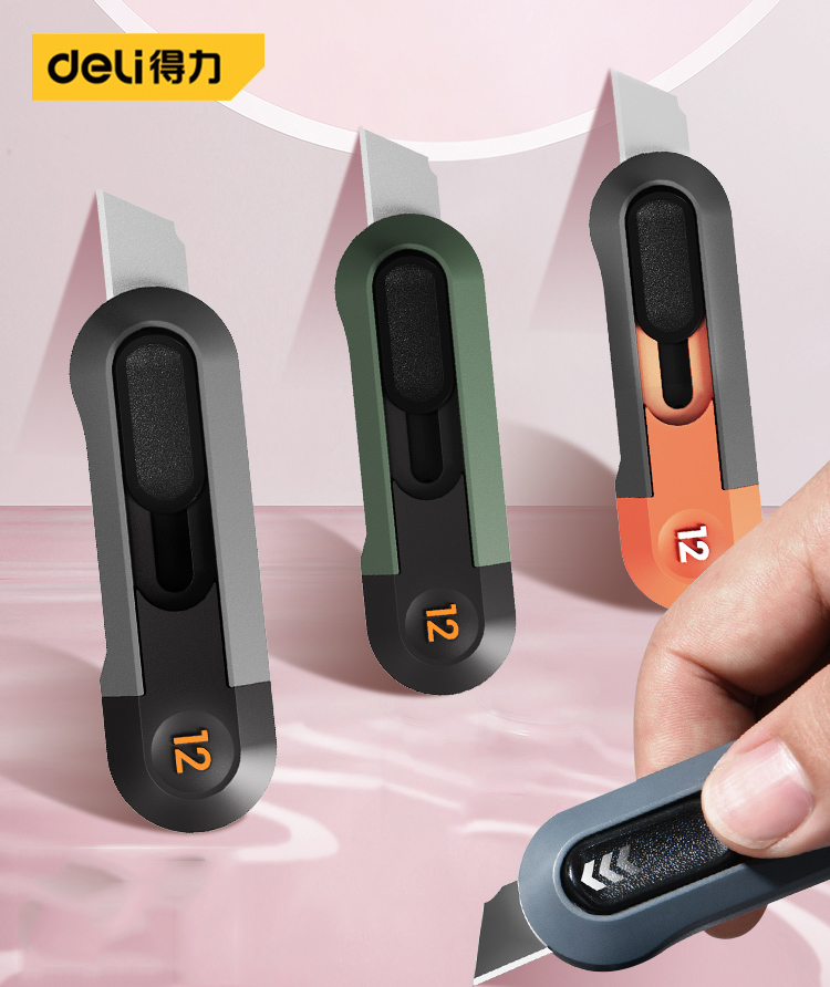 Deli Home-Mini cuchillo de utilidad de retracción automática, cortador de caja de bolsillo pequeño con bloqueo automático frontal, suministros de arte, papelería escolar