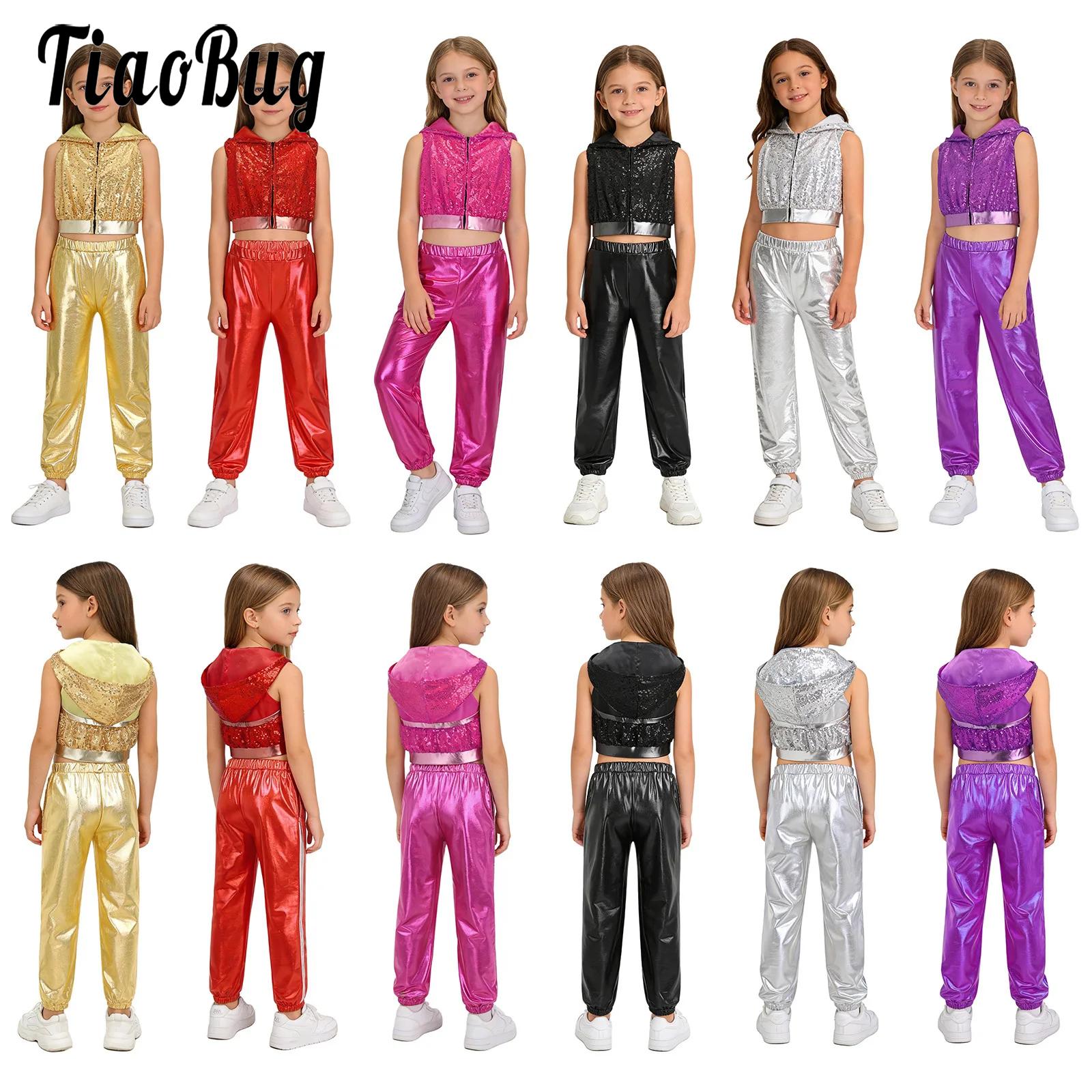 Kids Girls Hip-Hop Jazz Dance Modern Street Costume Outfits Sleeveless Sparkly Sequins Hooded Crop Top with Metallic Pants