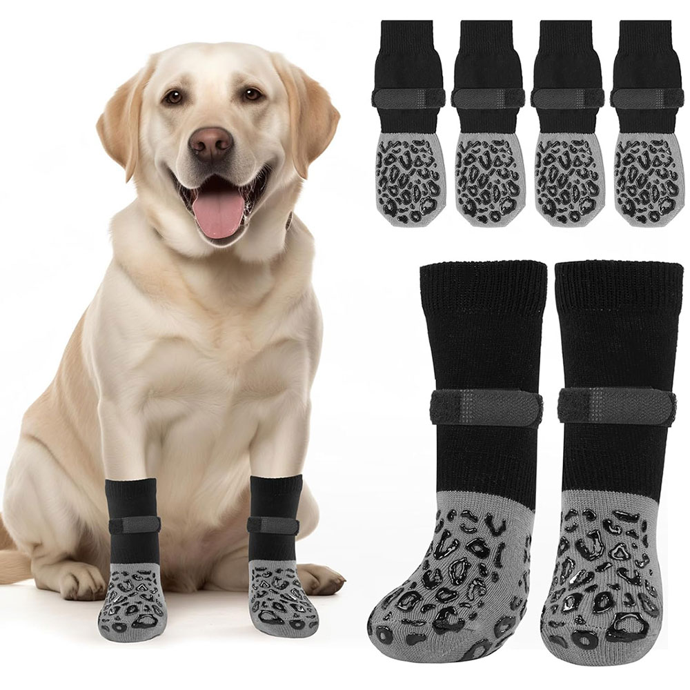 Paquete de 4 calcetines antideslizantes para perros, previenen la lamer y morder pisos de madera dura, agarre fuerte, protección de patas, antiarañazos, calcetines antideslizantes de doble cara para perros