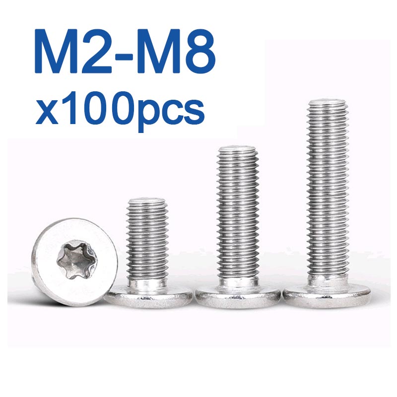 100 Buah/Lot 304 Baja Tahan Karat CM Baut Kepala Wafer Datar Super Tipis Torx Enam Lobus M1.6 M2 M2.5 M3 M4 M5 M6 M8