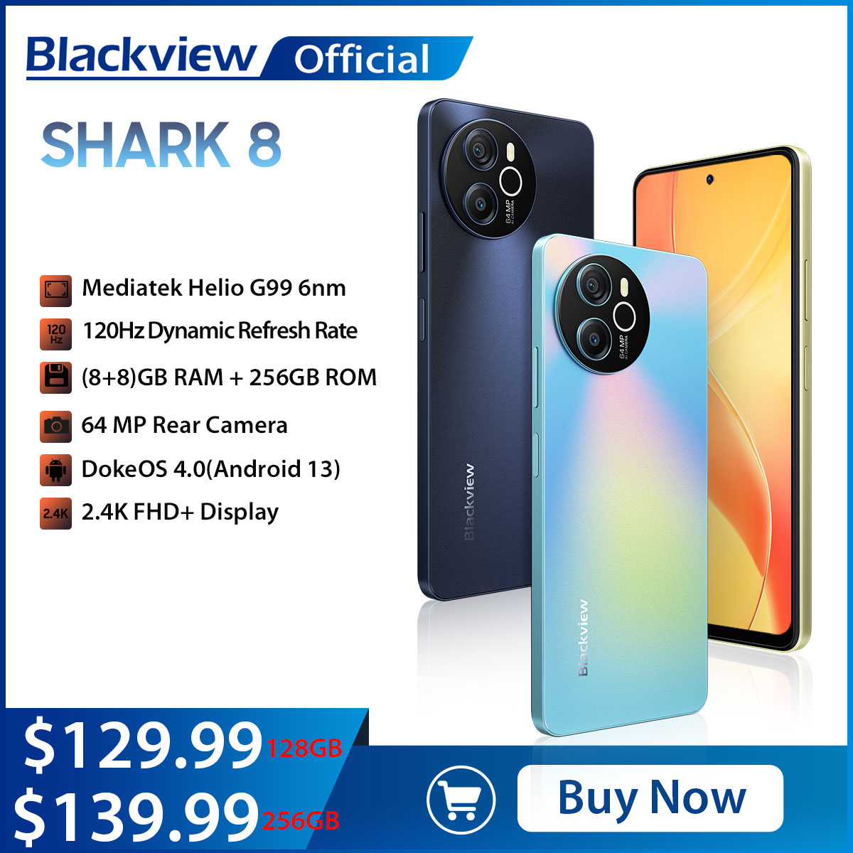 블랙뷰 샤크 8 스마트폰, 안드로이드 13, G99, 6.78 인치, 120Hz, 2.4K 디스플레이, 16GB RAM, 128GB, 256GB ROM, 64MP 카메라 휴대폰