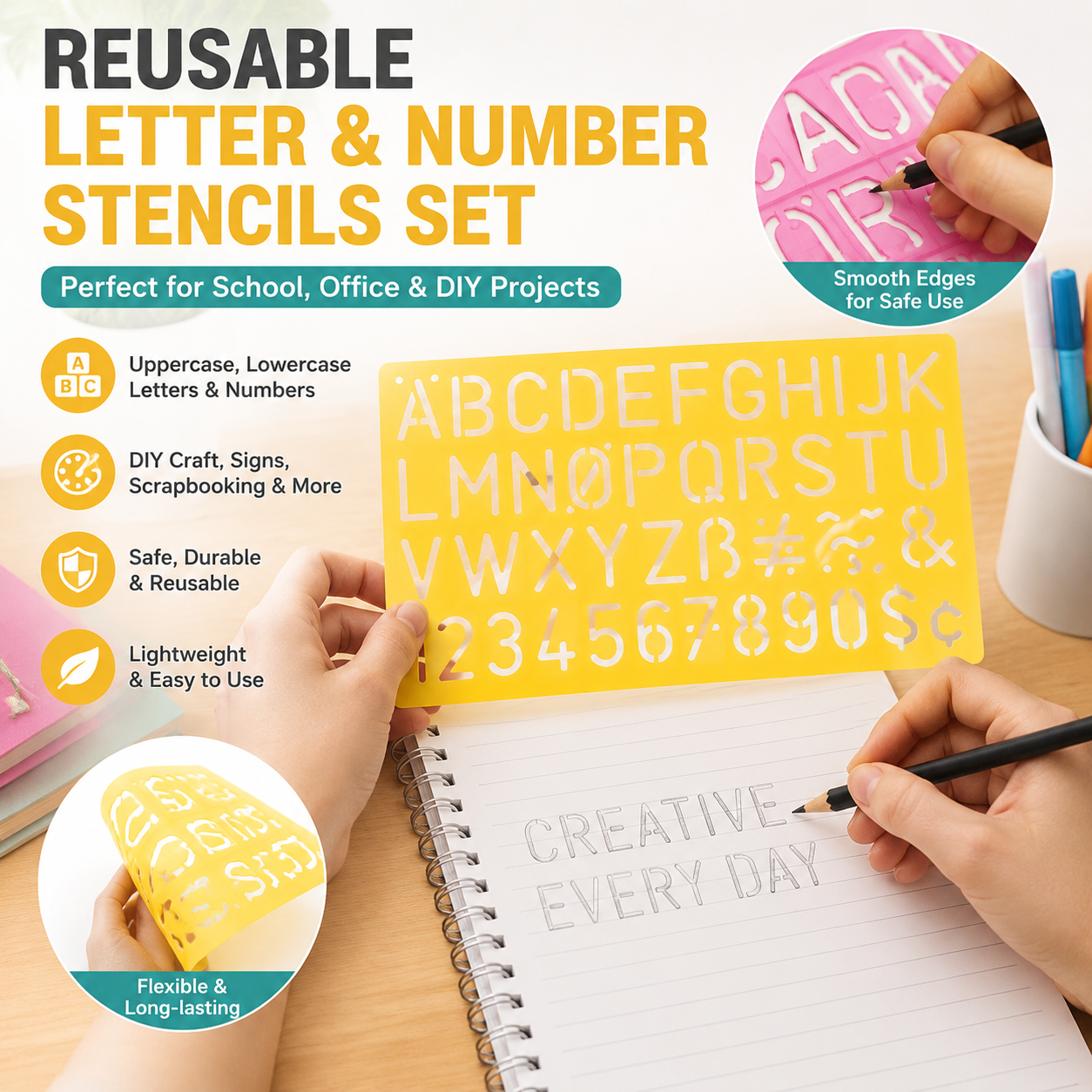4PCS Alphabet Stencils Set Letter Number Templates Plastic Hollow Drawing Ruler Reusable DIY Painting Craft Tools for Supplies