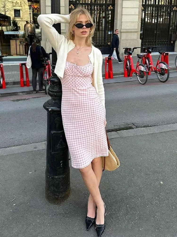 Foridol-vestido a cuadros con tirantes finos para mujer, vestido veraniego por debajo de la rodilla para playa, sin tirantes, Retro, rosa, corto