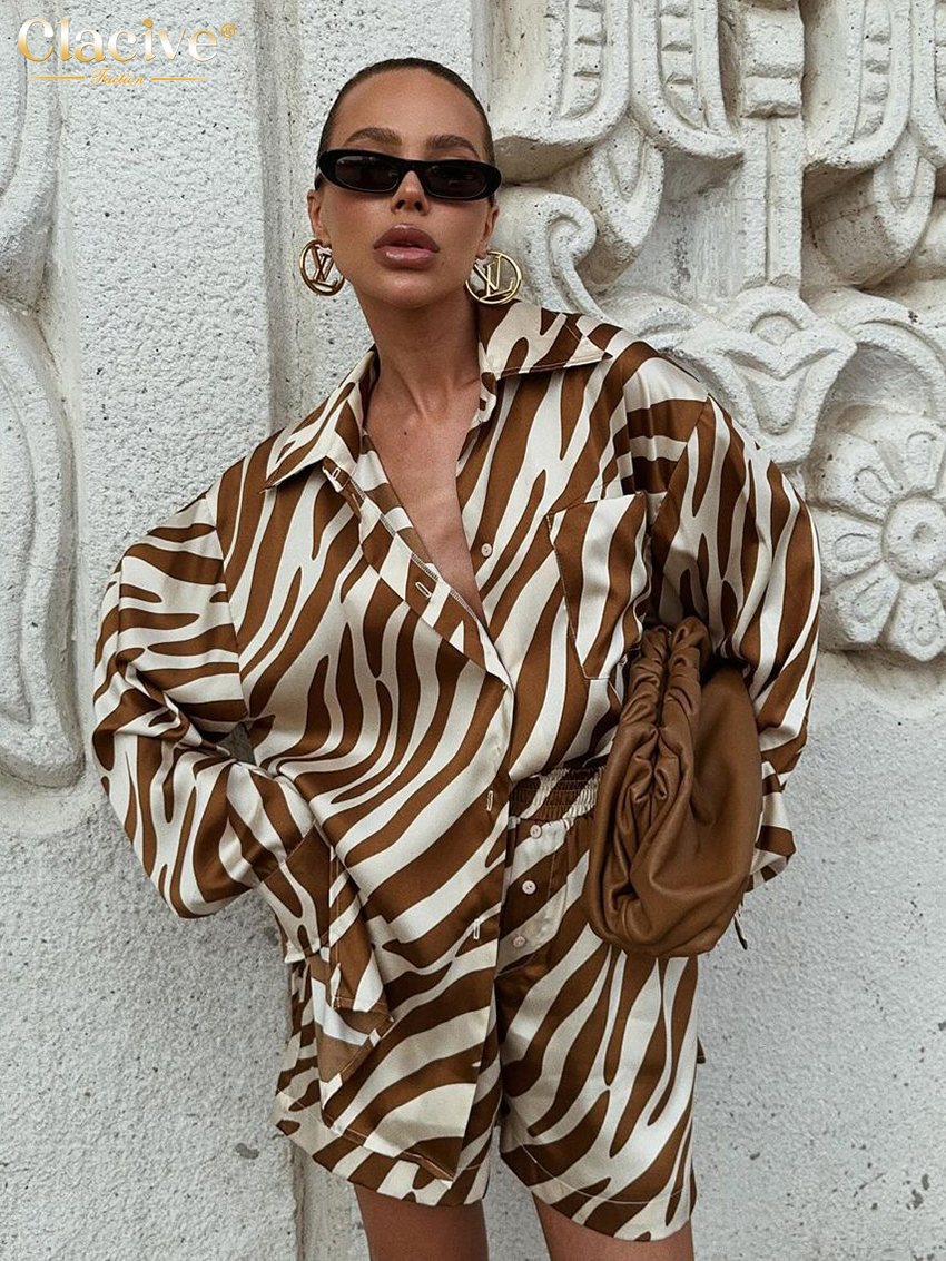 Clacive Fashion Loose Stripe Print 2 Piece Sets Women Outfit 2024 Elegant Long Sleeve Shirt With High Waist Shorts Set Female
