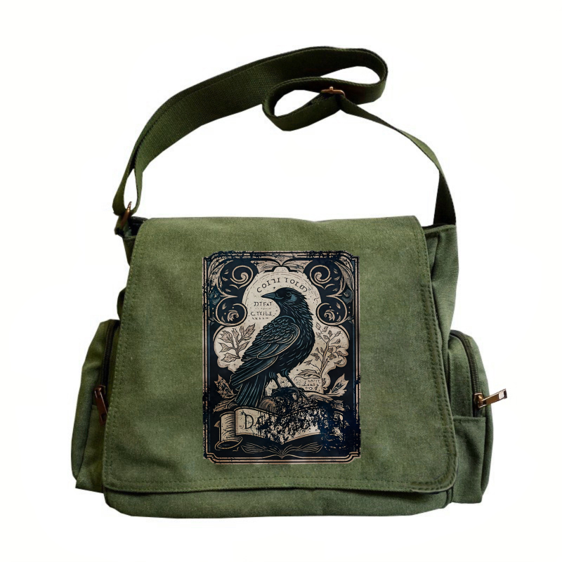 Bolsa de ombro feminina com estampa de corvo vintage, bolsa mensageiro crossbody masculina, bolsa de lona para laptop de grande capacidade
