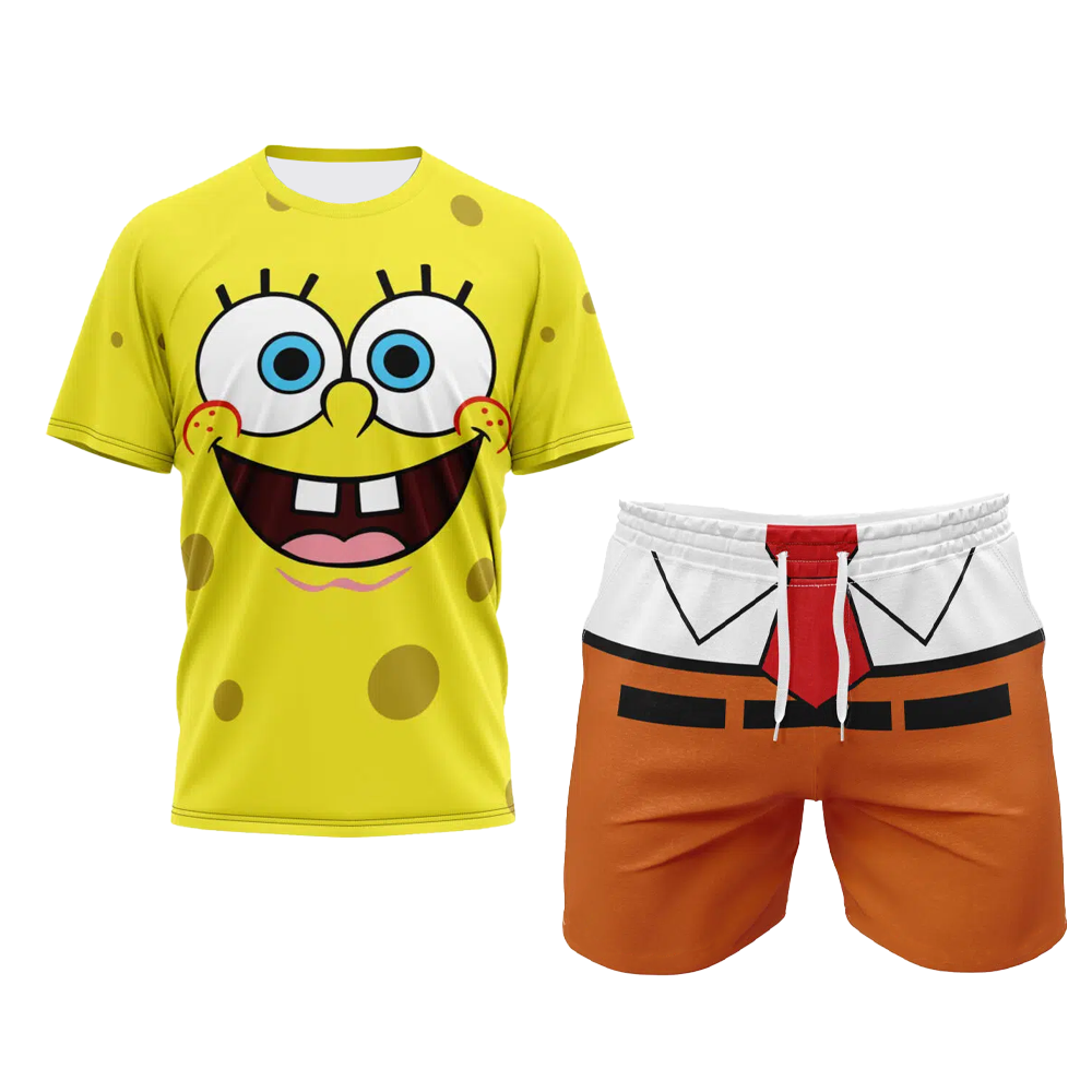 Sommer Herren Casual SpongeBob Schwammkopf Set Kurzarm T-Shirt & Shorts Set Rundhals Kurzarm T-Shirt Shorts Set ﻿
