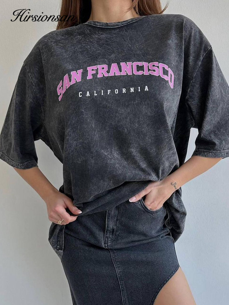 Hirsionsan เสื้อยืดสตรีทแวร์พิมพ์ลายกราฟิกสำหรับผู้หญิงเสื้อยืด Y2k แบบลำลองสำหรับเด็กผู้หญิงทรงโอเวอร์ไซส์ผ้าคอตตอนเนื้อนุ่มสไตล์วินเทจฟอกสี
