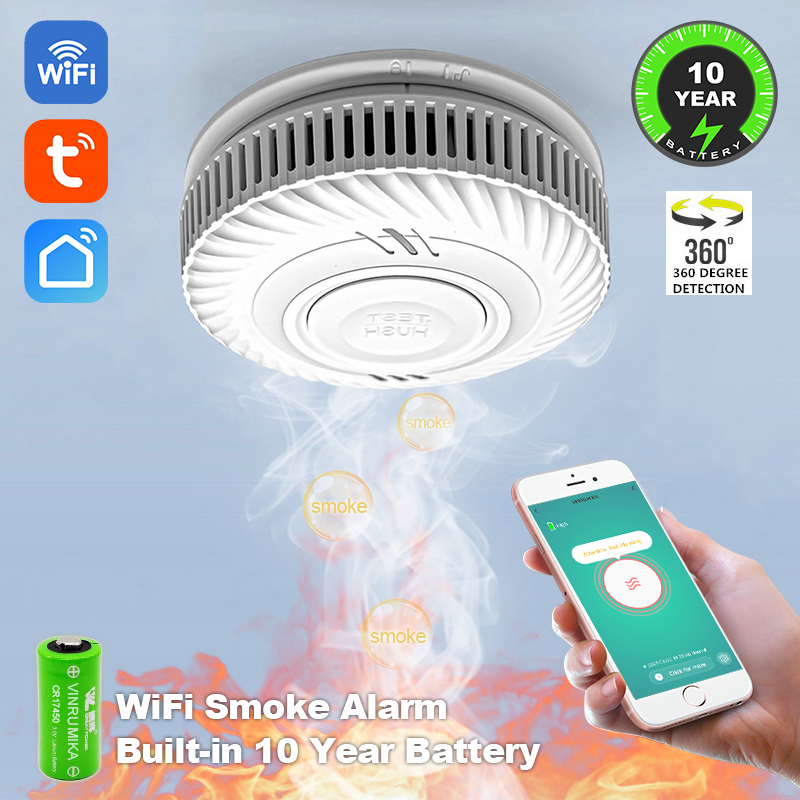 Detector de humo inteligente WiFi Tuya con batería de litio integrada de 10 años para salón, cocina, tienda, Sensor de alarma de inspección de incendios