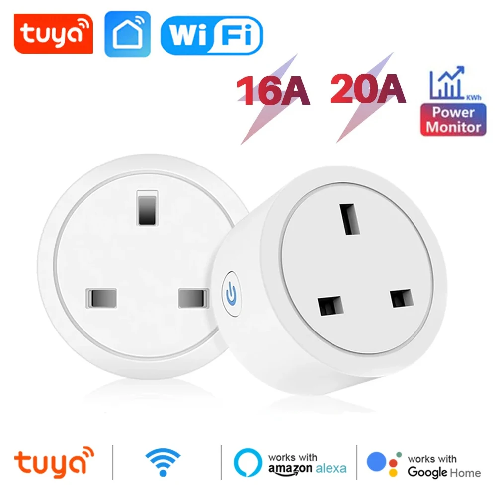 20A 16A enchufe británico TUYA WIFI enchufe inteligente con Monitor de potencia Control de voz sincronización toma de corriente para el hogar funciona con Alexa Google Home