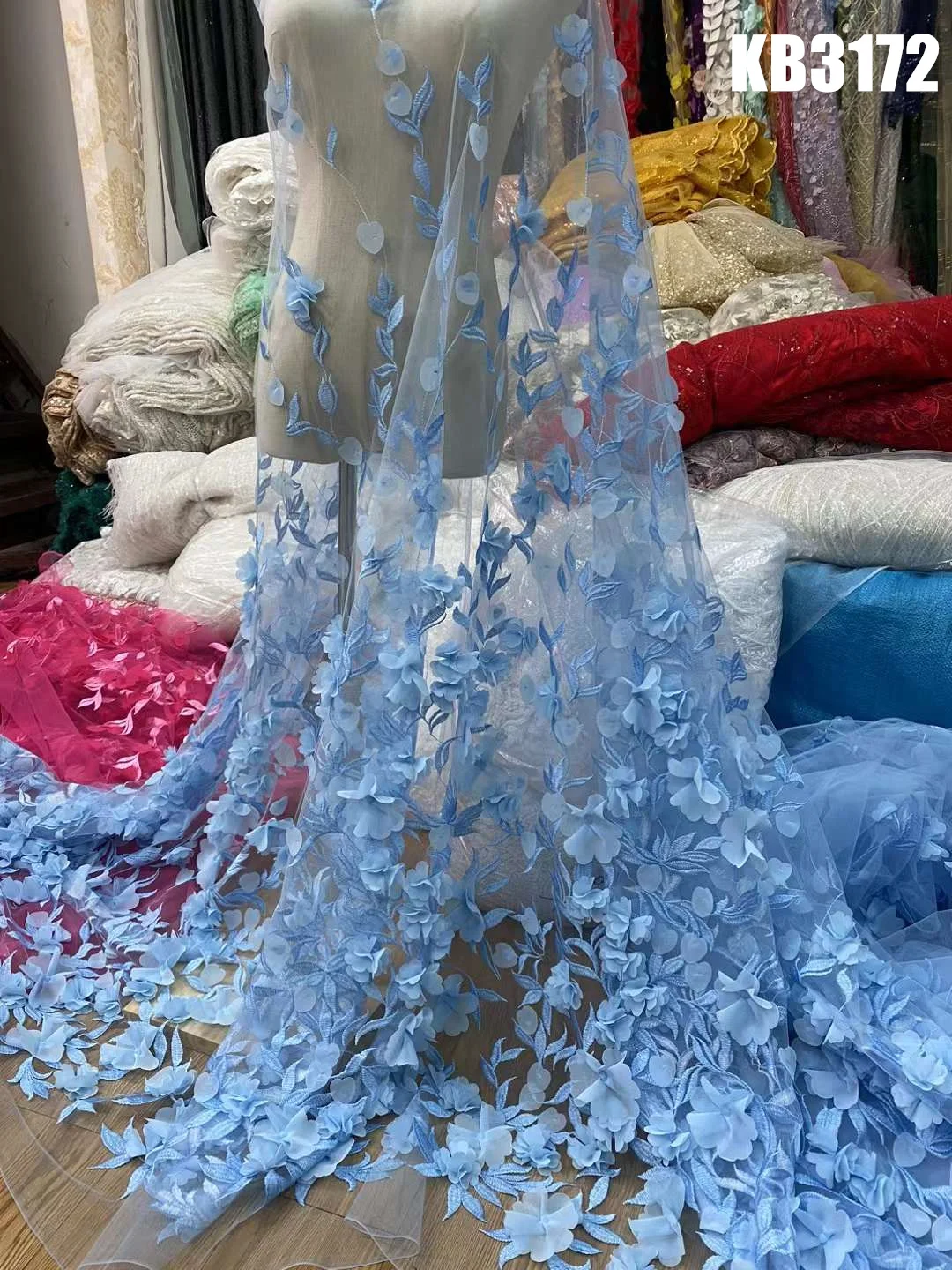 Azul cielo 3D bordado de flores encaje flor tela con cuentas encaje vestido de novia encaje francés dorado lentejuelas tul encaje para coser 5 yardas
