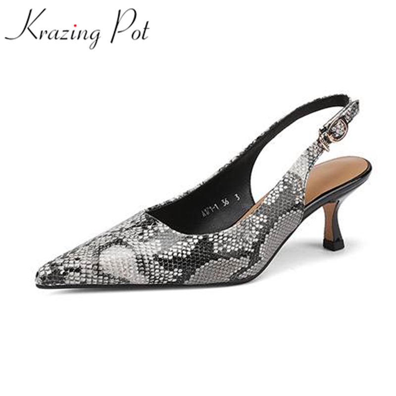 Krazing Pot Genuine Leather Snake Patterns Big Size 42 High Heels Pointed Toe Summer Shoes Slingback Buckle Straps Women Pumps