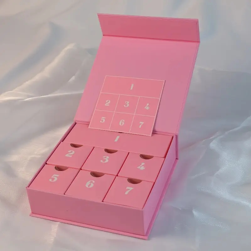 Caja de calendario de Adviento DIY Cajas de cuenta regresiva de 7 días Caja de regalo vacía Producto personalizado ecológico Caja de papel sorpresa misteriosa Rosa Negro