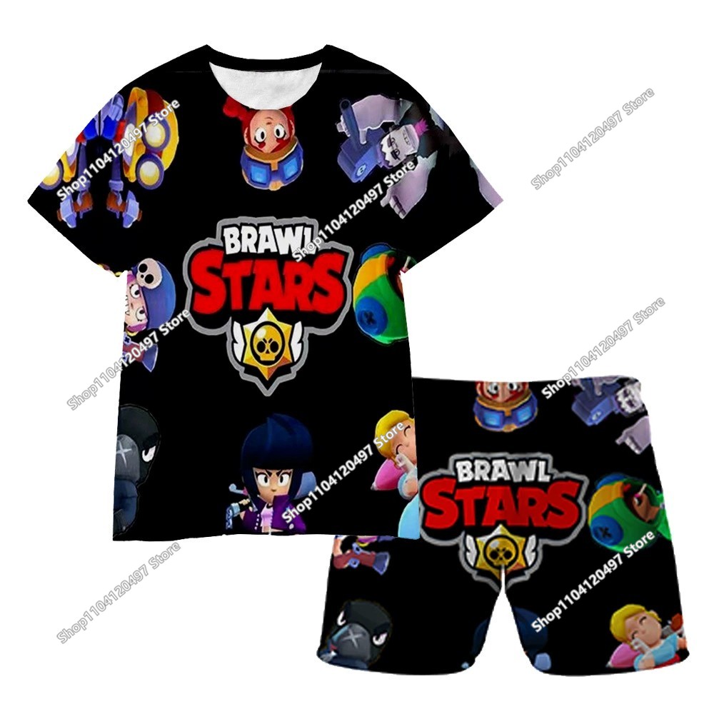Nouvel ensemble d'été pour enfants : T-shirt et short de dessin animé Brawl Stars pour garçons et filles, pyjama à manches courtes pour bébés et enfants
