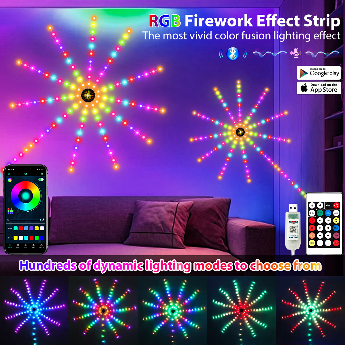 USB 5V RGBIC Feuerwerk Flexible Streifen Lichter LED Bluetooth APP Sprachaktivierte Wand Schlafzimmer Weihnachten Umgebungs Dekoration Lichter