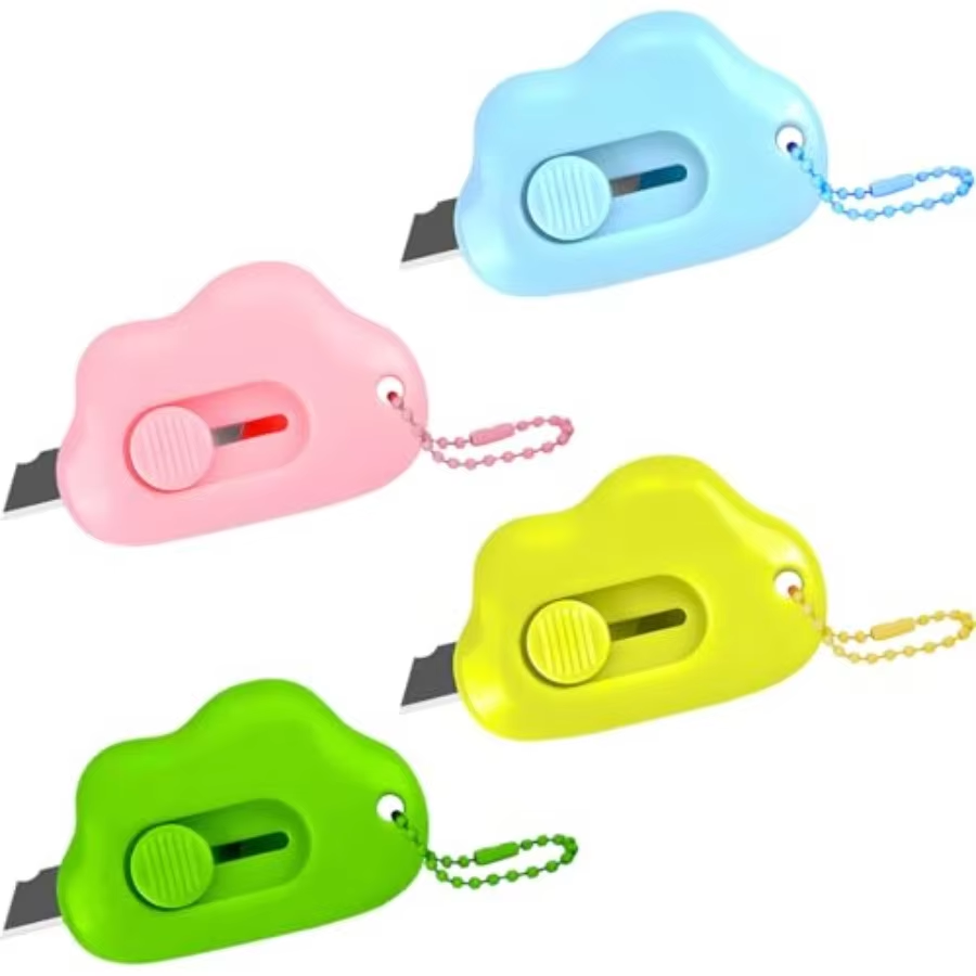 6 Pack Cloud Retractable Box Cutter with Key Rings - Safe Auto-Retract Design Mini Paper Cutter for Boxes Packages Mail Envelop