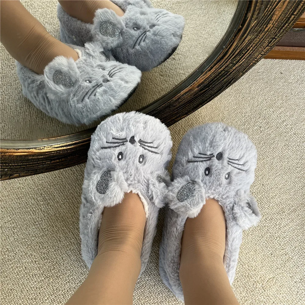 บ้าน Fuzzy รองเท้าแตะผู้หญิงฤดูหนาวผ้าฝ้าย WARM Plush Non SLIP Grip ในร่ม Fluffy ขี้เกียจหญิงแผ่นหูชั้นรองเท้าห้องนั่งเล่น