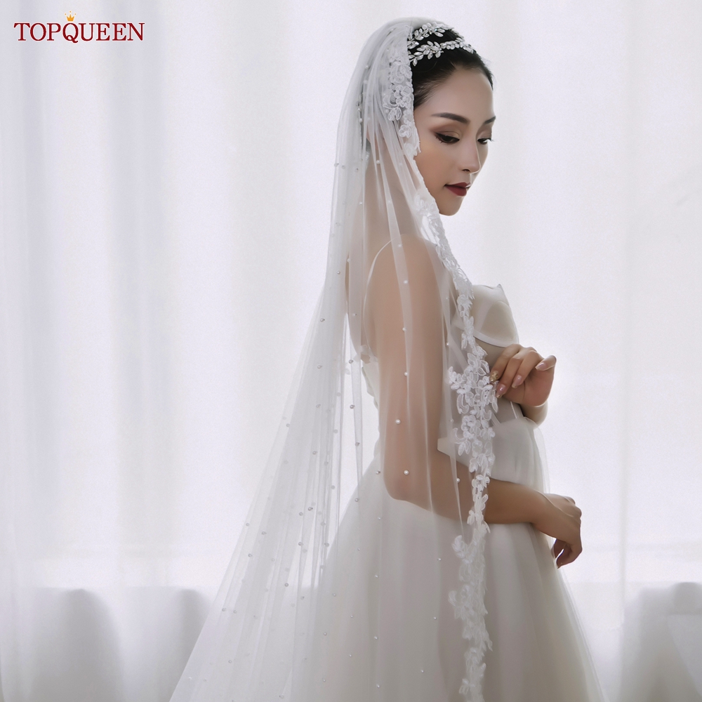 TOPQUEEN-Beading Pérola Véus para Casamento, Catedral Comprimento, Borda Do Laço, Bridal Veil, Branco Marfim, Alta Qualidade, V82, 1 Nível