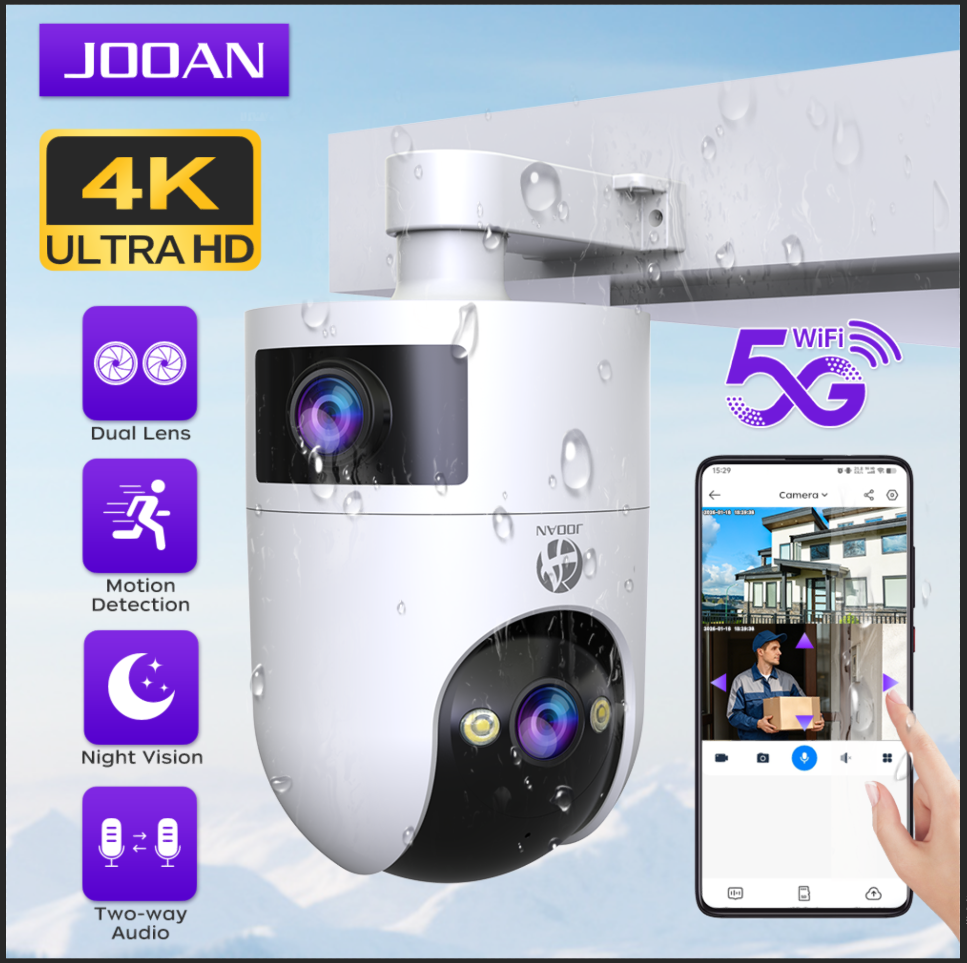 Cámara IP WiFi 5G de Doble Lente 4K JOOAN, Cámara de Vigilancia de Seguridad con Detección de Movimiento en Exteriores, Visión Nocturna en Color