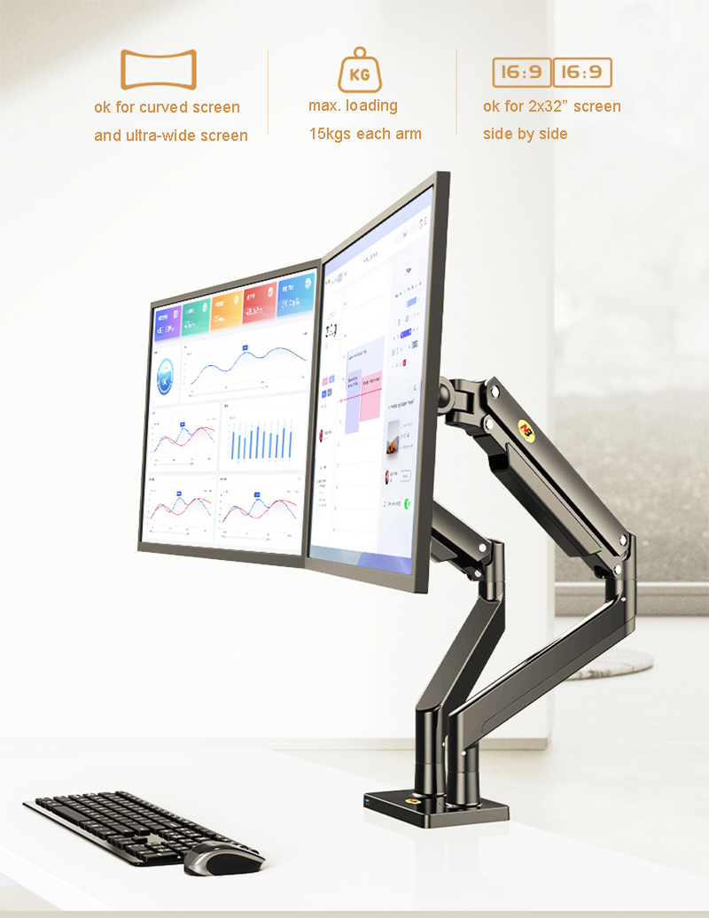 Soporte de Monitor NB G32 de aleación de aluminio, montaje de Monitor LED LCD Dual de 22 "-32", brazo de resorte de Gas, soporte de Monitor de movimiento completo, carga de 3-15 kg cada uno