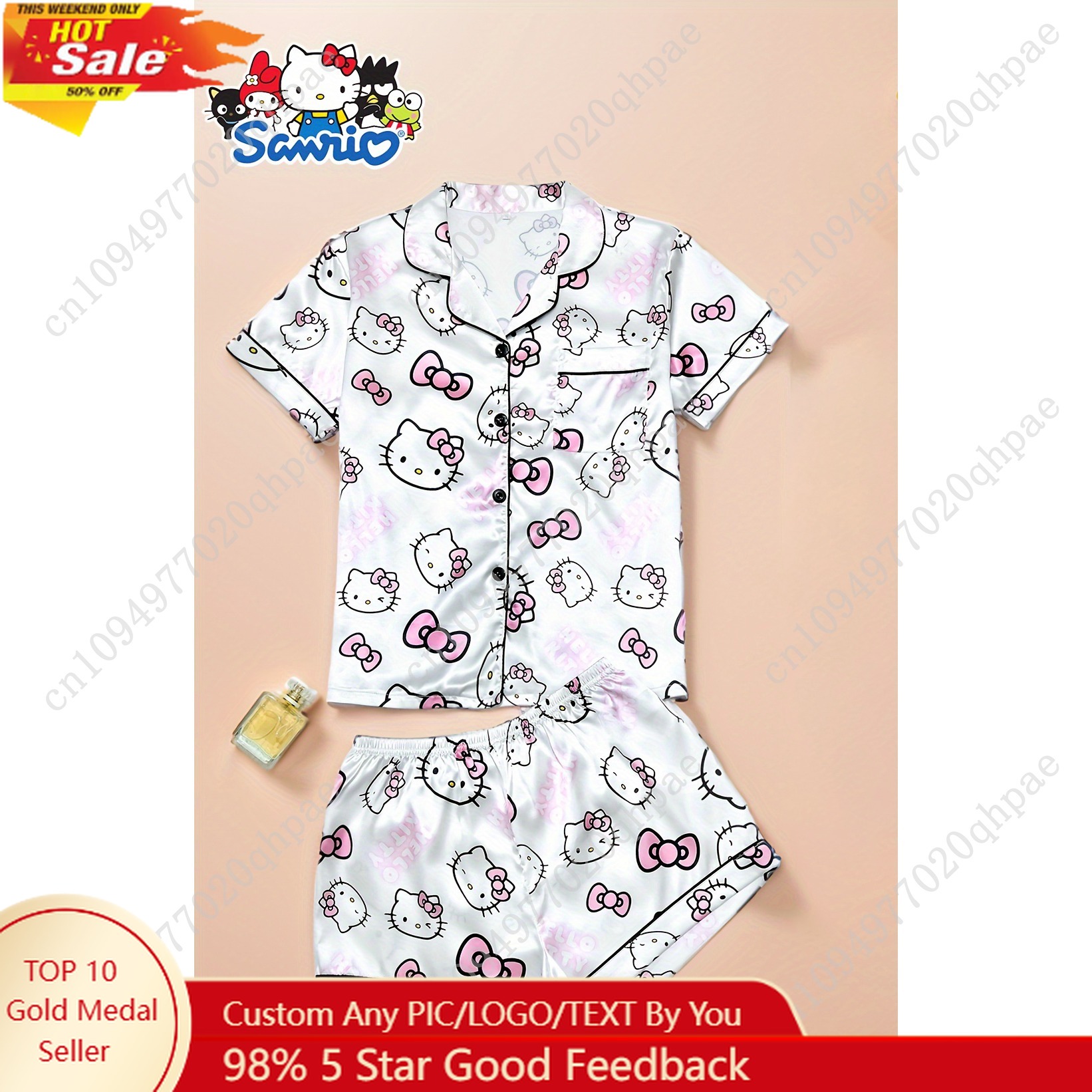 Conjunto de Pijamas Sanrio HELLO KITTY com Estampa, 1 Peça de Top e 1 Short, Cardigan com Botões, Conjunto de Pijamas Macio para Casa