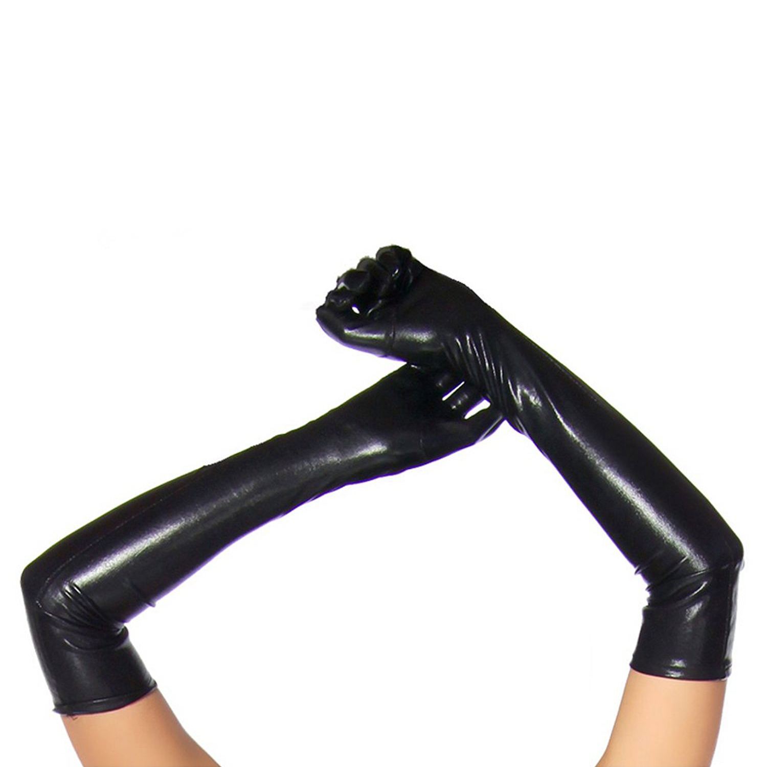 ถุงมือยาวในเลนส์หนังหนึ่งขนาดสีดำ-ดำ
