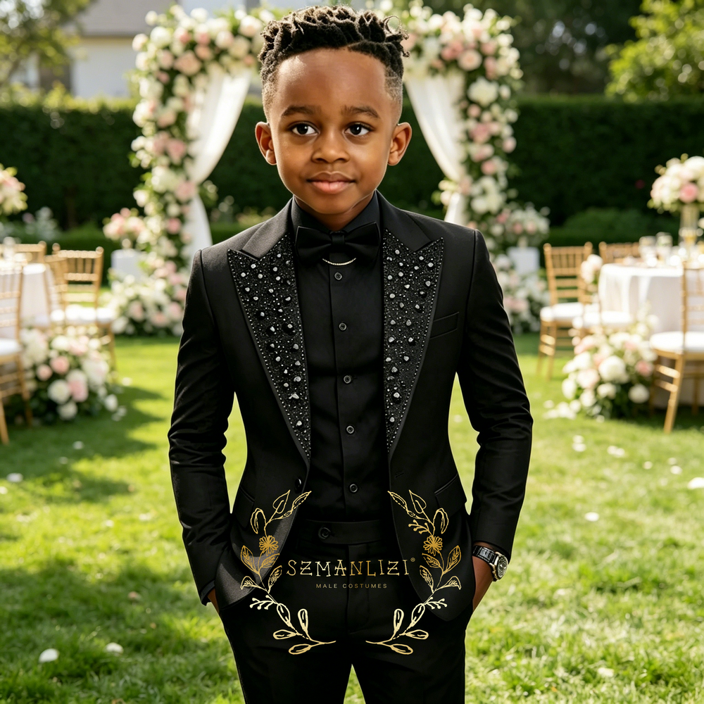 2026 Kristall-Perlen Schwarze Anzüge für Jungen, Formelle Hochzeitsanzüge für Kinder, Blumenjungen 2-teilige Party-Sakko-Sets
