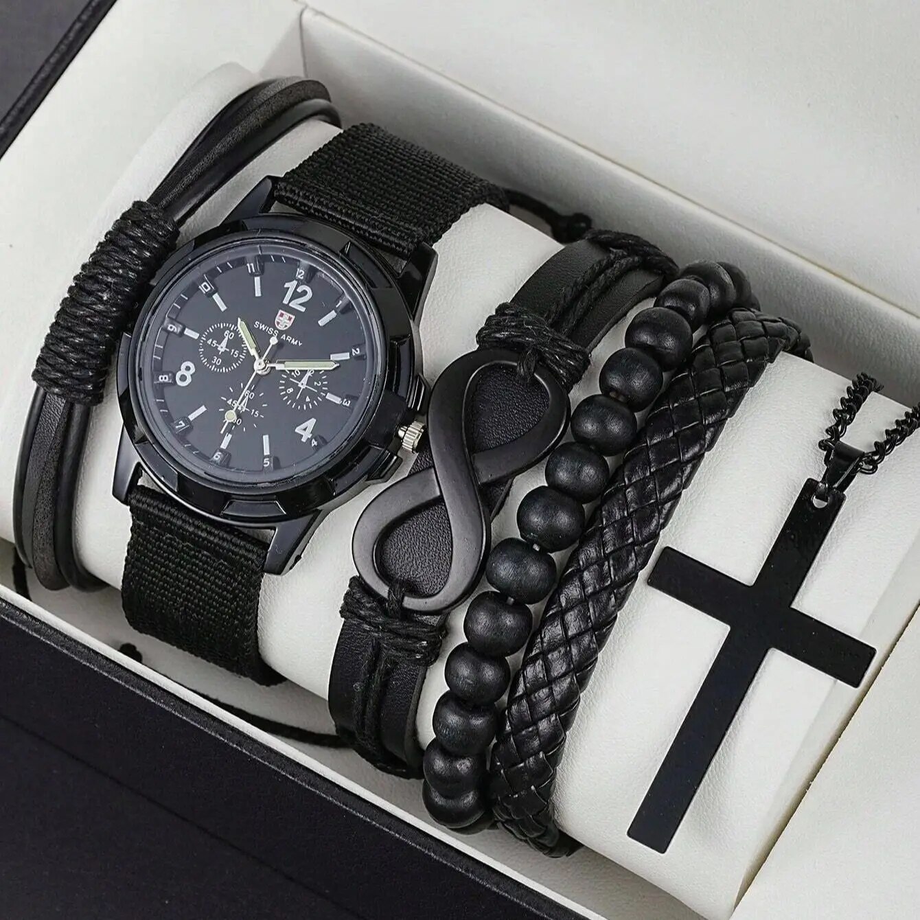 6pcs_Set แฟชั่น PU หนัง '8' รูปร่างสร้อยข้อมือลูกปัดนาฬิกา,CROSS จี้สร้อยคอสําหรับชาย,สีดํา-สี
