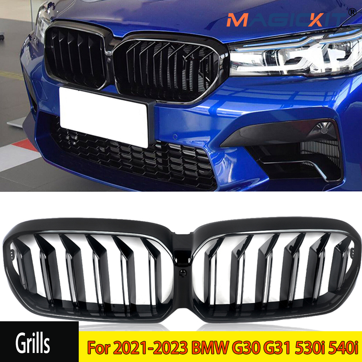 Dla 2021-2023 BMW G30 G31 530i 540i Podwójne listwy przedniej kratki nerkowej Gloss Black