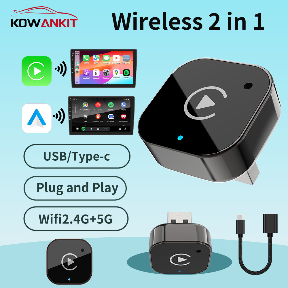 코완킷 2in1 무선 카플레이 어댑터 안드로이드 오토 카플레이 USB 2026 플러그 앤 플레이 차량용 동글 (도요타 혼다 포드 벤츠 폭스바겐 닛산 호환)