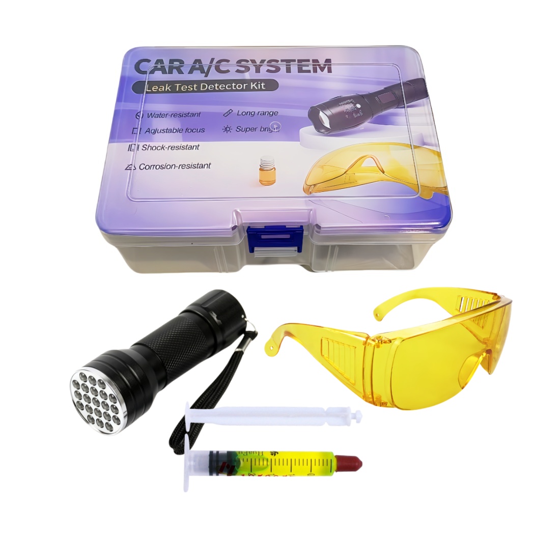 Lampe de poche UV à 21 LED pour voiture, système de climatisation A/C, Kit de détection de fuite, lunettes de protection en alliage d'aluminium, Kit de réparation de colorant UV