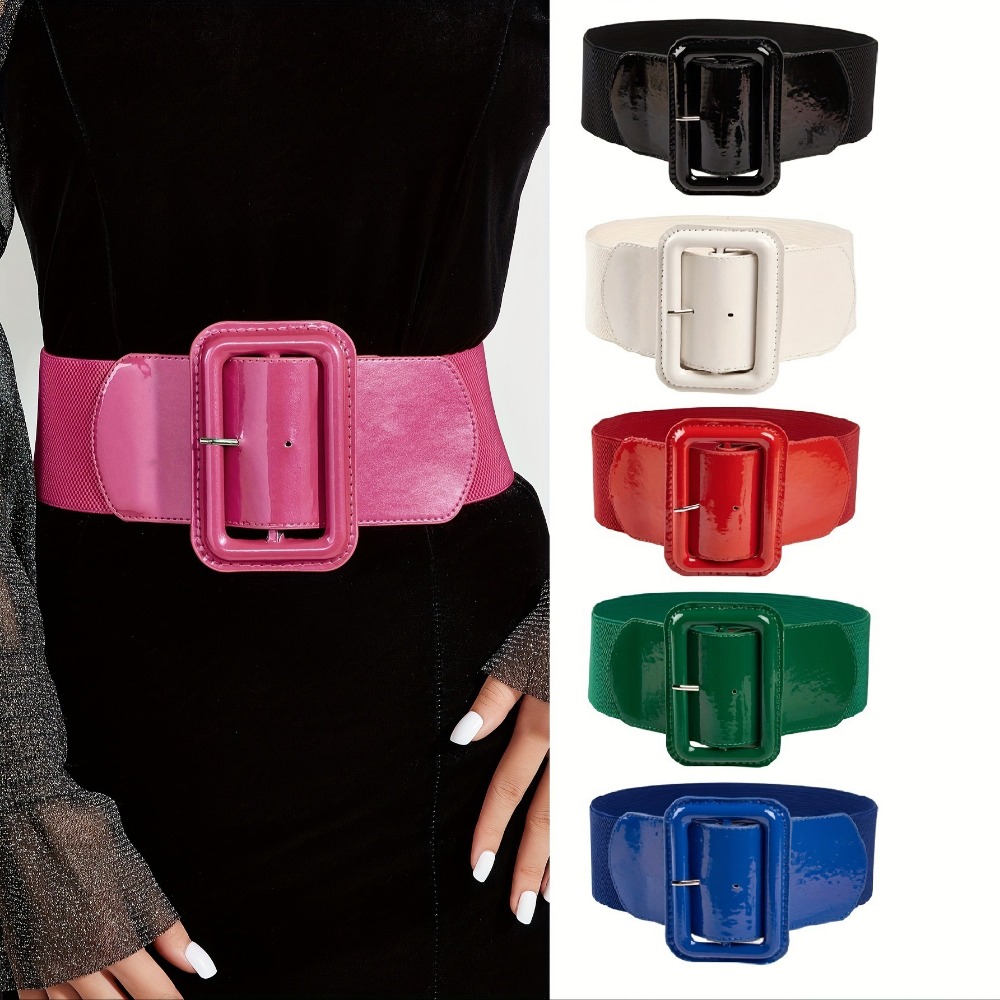 Faja elástica Vintage de talla grande para mujer, corsé elástico de lado ancho, cinturón de cuero con hebilla cuadrada, pretina para vestido
