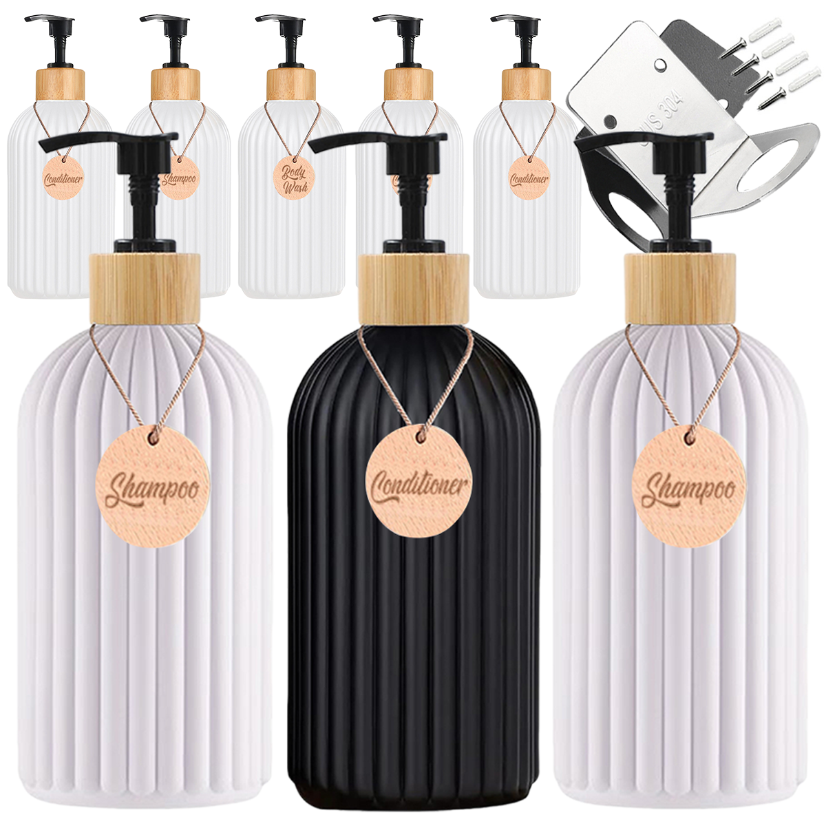 Botella dispensadora de jabón negro mate para pared de ducha, champú recargable, acondicionador, botella de carrocería con etiqueta de madera