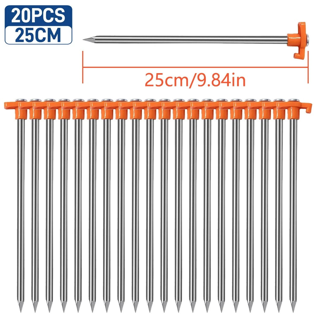 20er-Pack verzinkte Zeltheringe für sicheren Schutz, rostfreie Stahl-Zeltanker für starken Wind, robuste kommerzielle Bodenheringe für Camping, Pop-Up-Zelte und Pavillons – inklusive 4x10ft Seile