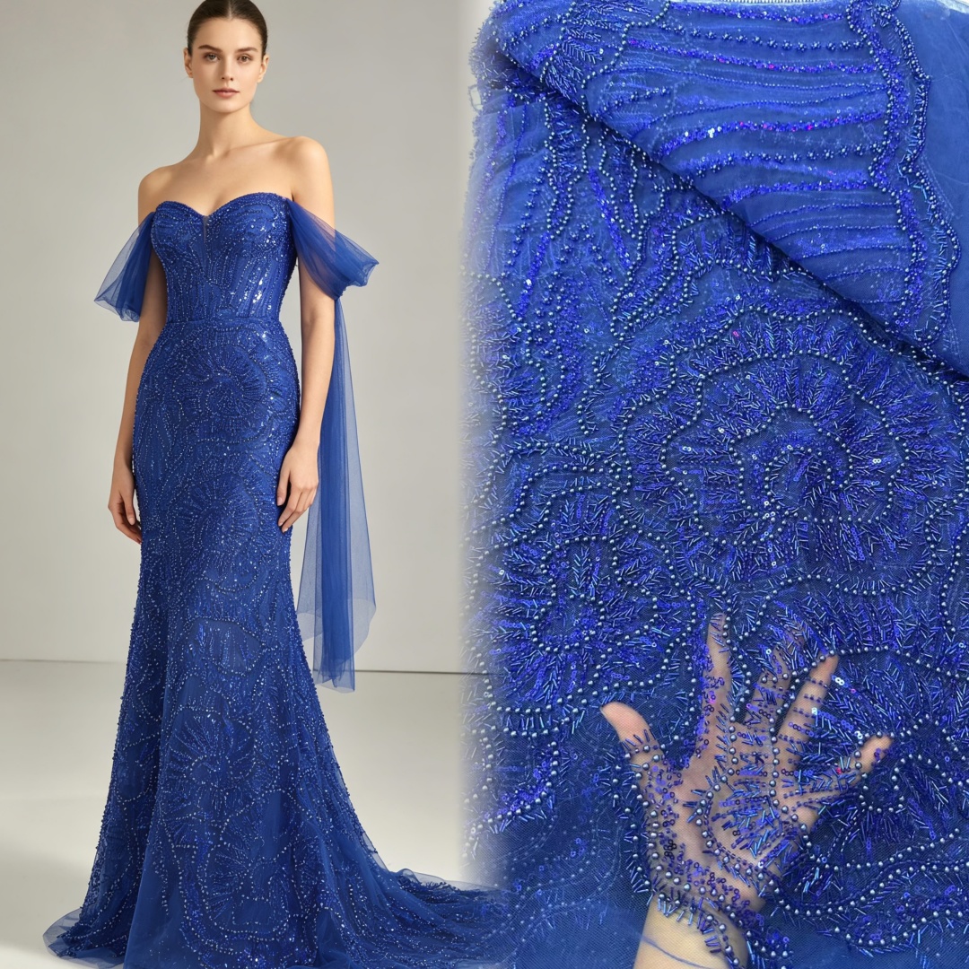5 YardsAfrican Brown Beaded Sequins Lace Fabrics Royal Blue Beads Tulle Lace Fabric Embroidered Lace Fabrics for Sewing