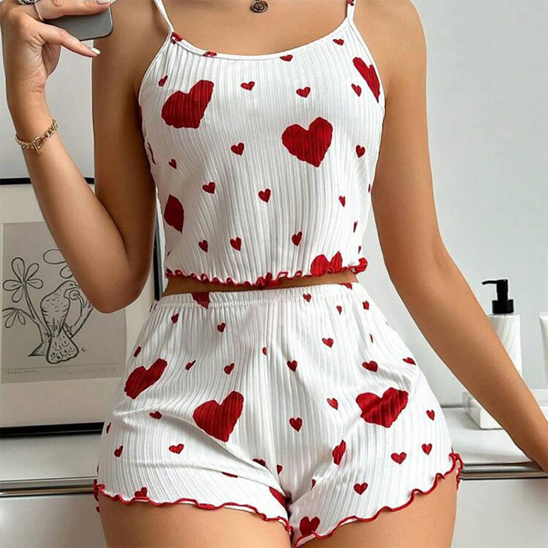 Ensemble de pyjamas College d'amour pour femmes, vêtements de nuit courts, précieux, S, M, L, blanc, ventilé, doux, décontracté, 2 pièces