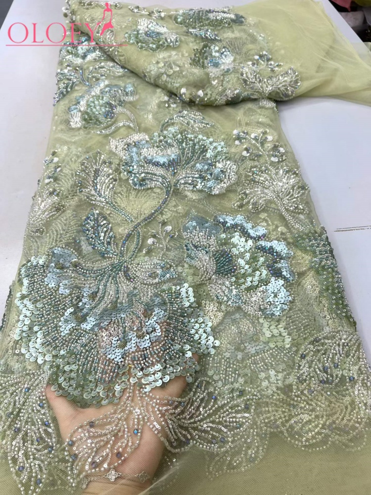 OLOEY Tela de Tul de Malla Francesa Floral con Lentejuelas y Bordado de Cuentas de Alta Calidad para Vestido de Novia Nigeriano y Costura de Vestidos de Fiesta