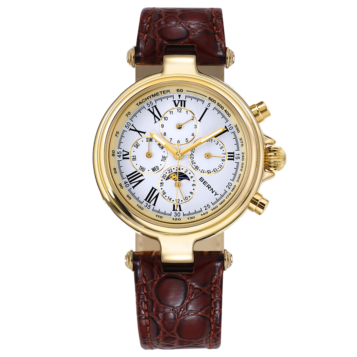 Montre automatique rétro BERNY pour homme, phases du soleil et de la lune, lumineuse, ST1652, classique, en cuir véritable, montres mécaniques de luxe pour homme