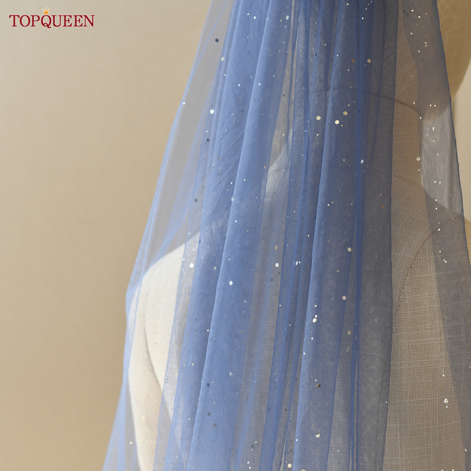 TOPQUEEN Kerudung Pengantin Glitter Biru Spesial Aksesori Pernikahan Kerudung Pernikahan Katedral Satu Lapis Panjang 3 Meter Dapat Disesuaikan V268