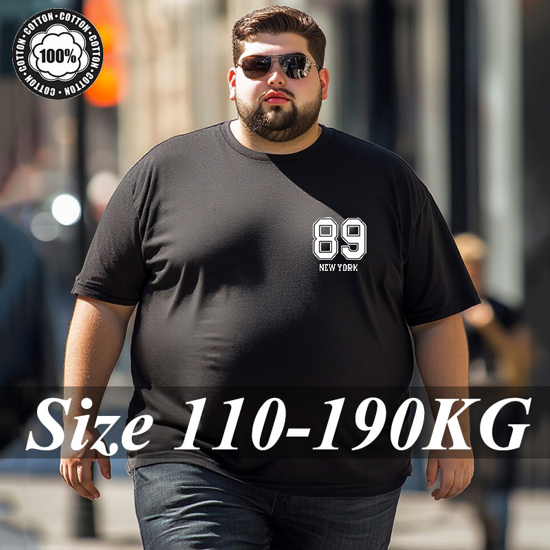 Men's T-shirt Plus Size 110-190kg 5XL 6XL 7XL Black Print Tees Round Neck Short Sleeves Oversized Tops Big Summer Male Clothing