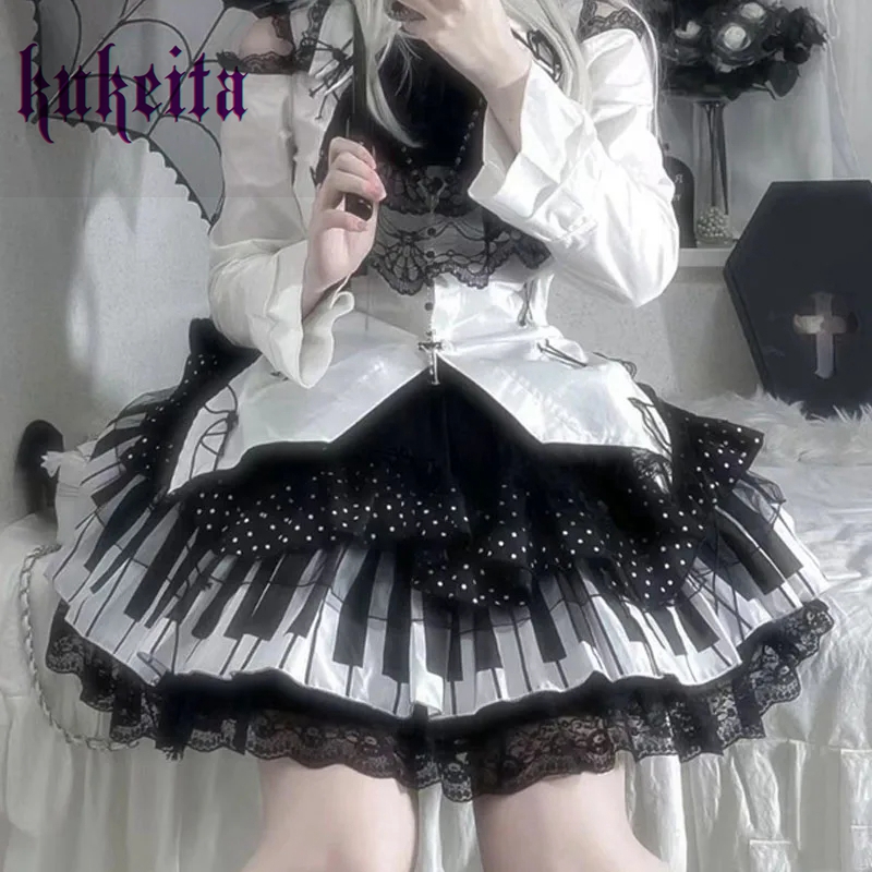 Kukeita Harajuku Y2k Punk Piano Key Wave Dot Кружевная Юбка Японская Готическая Лолита Kawaii Торт Юбка Фея Гранж Y2k Женские Юбки