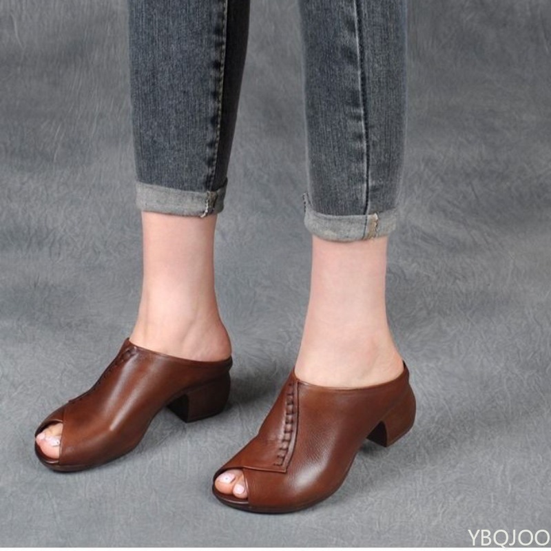 Zapatillas de Boca de pescado de tacón cuadrado de verano para mujer, sandalias cómodas de tacón medio a la moda, versátiles y que aumentan la altura