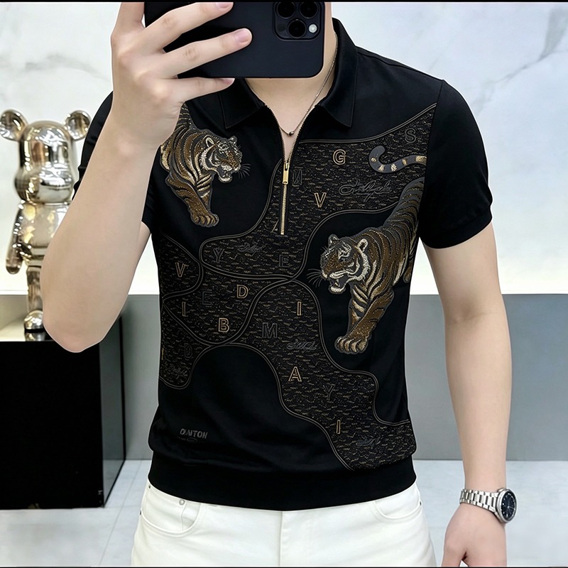 Polo da Uomo di Alta Qualità con Strass a Forma di Tigre, in Seta Ghiaccio Traspirante, a Maniche Corte, Casual Elegante, con Mezza Cerniera, Top Business