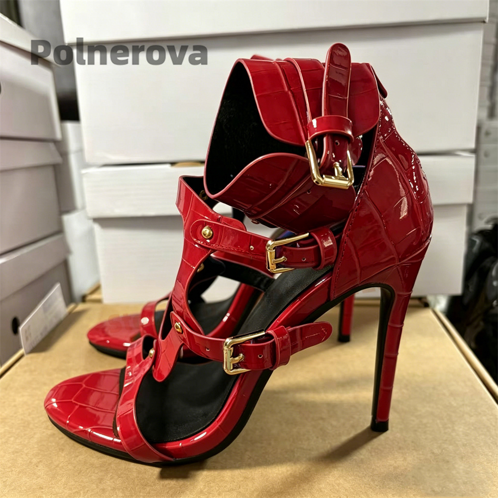 Red Alligator Print Leather Sandals for Women Cutouts Open Toe Belt Buckle High Heels Sandals Sexy Summer Party Wedding Shoes