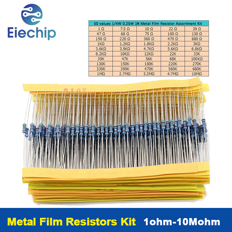 500 pcs/lot 50 valeurs 1/4 W 0.25 W 1% Kit d'assortiment de résistances à Film métallique 1R-10mR 1ohm-10Mohm kit d'échantillons de résistances